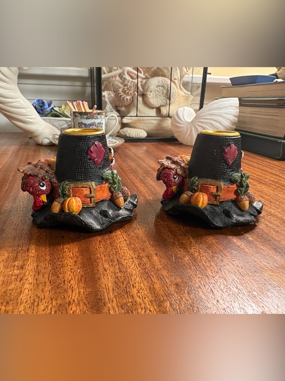 Vintage Thanksgiving Turkey Pilgrim Candle Stick Holders - Black and Red Resin